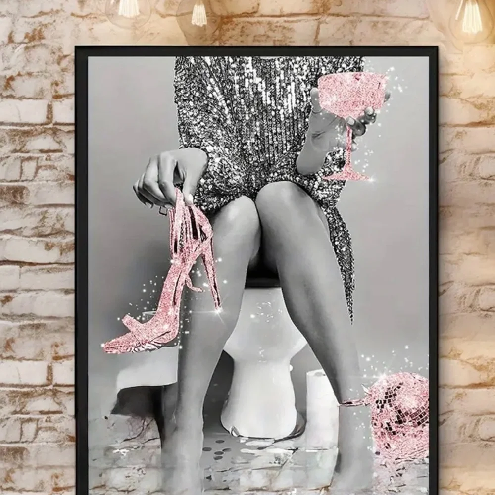Ungramed Women on Toilet - Fashion Wall Art Bathroom Black glitter pink 8x11